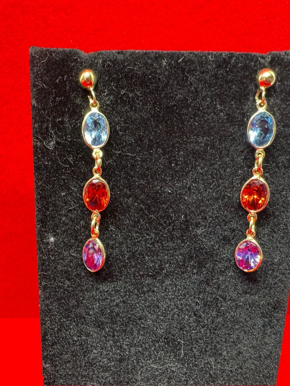 14k Gold Multistone Drop Earrings with Blue, Red and Purple Gemstones